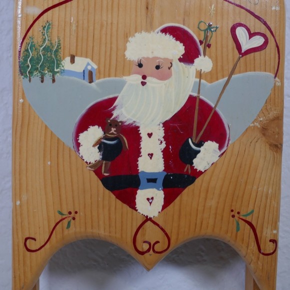 Santa Hand Painted Wooden Sled 18" Season Greetings Signed 1995 Mexico Vintage - Picture 5 of 15
